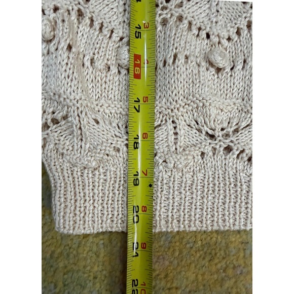 Vintage Handmade Pointelle Knit Short Sleeve Sweater M Openwork Cottage Rosettes - Picture 7 of 13